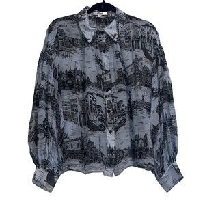 Dereck Lam Crosby blue and black Venice toile print button down blouse size 12